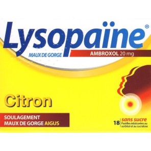 Lysopaïne Maux De Gorge Ambroxol Citron 20 Mg Sans Sucre 18 Pastilles